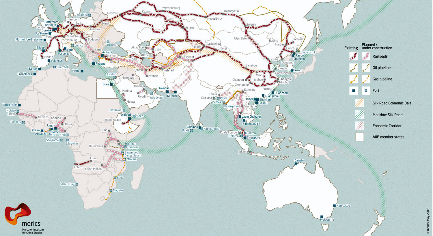 Le réseau "Une ceinture, une route " (Carte du Mercator Institute for China Studies) Carte du réseau "Une ceinture, une route "